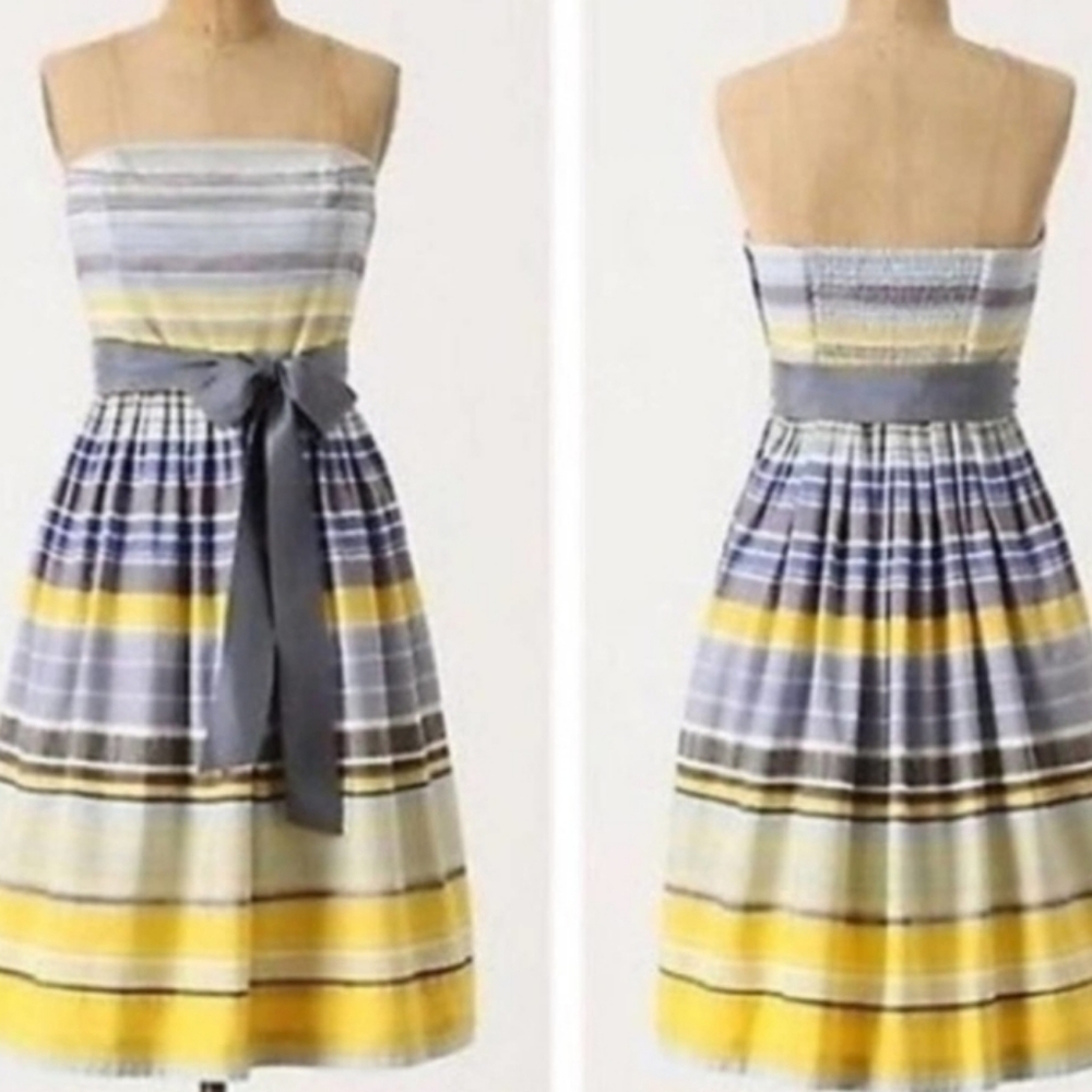 Anthro Maeve Paraiso Yellow, Gray, & Blue Striped Strapless Dress